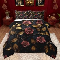 jejeloiu Pink Flower Floral Full Size Comforter Sets,Gold Leaves Bedding Comforter Set,Vintage Aesthetic Desgin Bedding Sets For Girls Kids,Ultra Soft Home Decor Reversible,3 Pieces