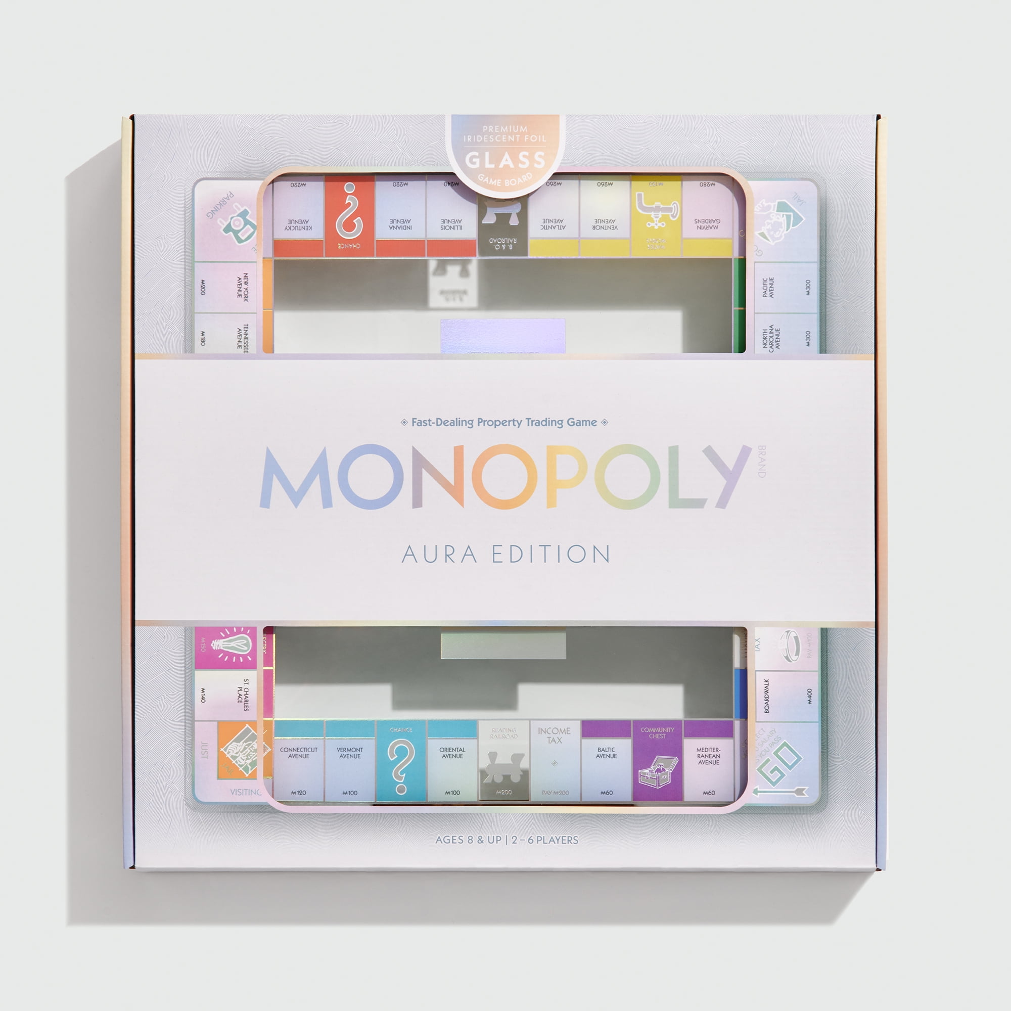WS Game Company Monopoly Aura Edition – Premium Iridescent Tempered Glass Game Board, Crystal-Clear Houses & Hotels, Metallic Tokens, Luxe Storage Tray – Family Classic for 2–6 Players, Ages 8+