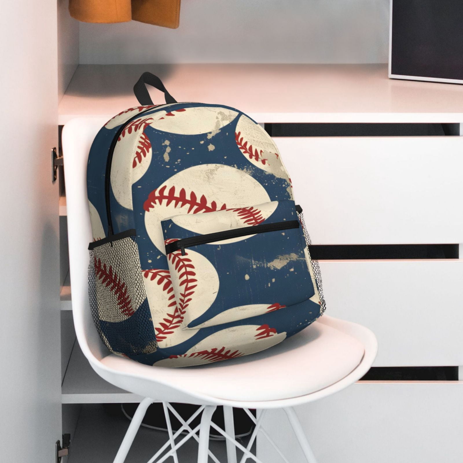 Casual Backpack Water Resistant Lightweight Daypack For Work Travel Hiking Camping Laptop Compartment & Side Mesh Pockets Vintage Baseball Theme