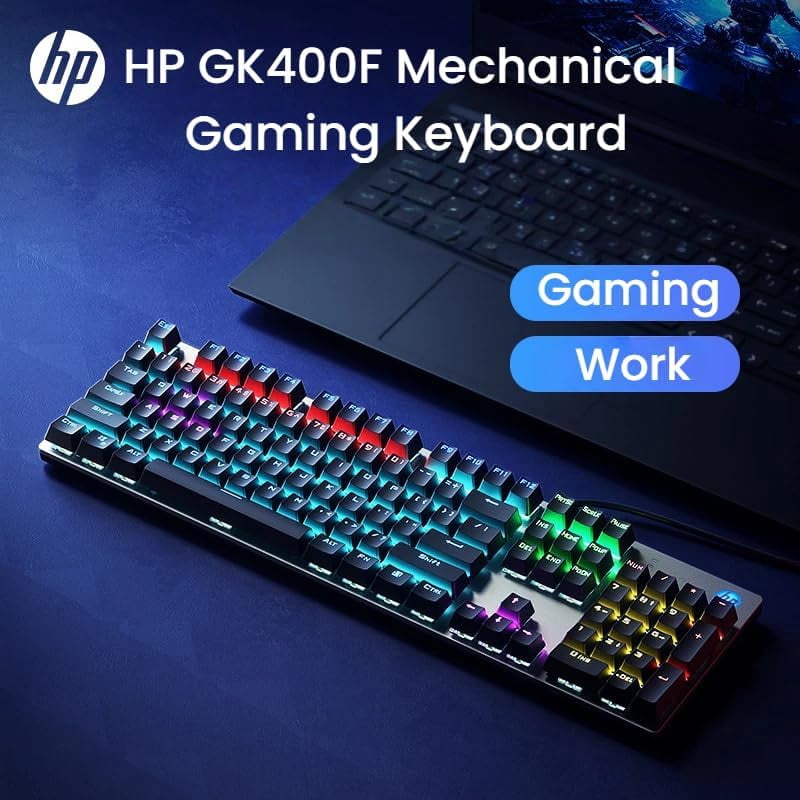 HP GK400F Wired Mechanical Keyboard – 104-Key Brown Switches, USB Connection, Dual-Use for Office & Gaming, Silver/Gunmetal/Black, Mixed-Color Backlight, Top-Printed Keycaps