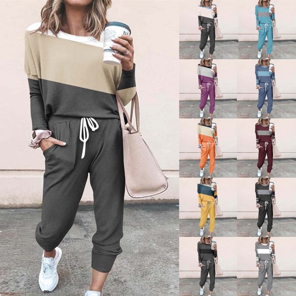 BiZtdJrK 2 Piece Sets for Women Colorblock Long Sleeve Tops and Sweatpants Set Lightweight Jogger Tracksuits with Pockets Gray M