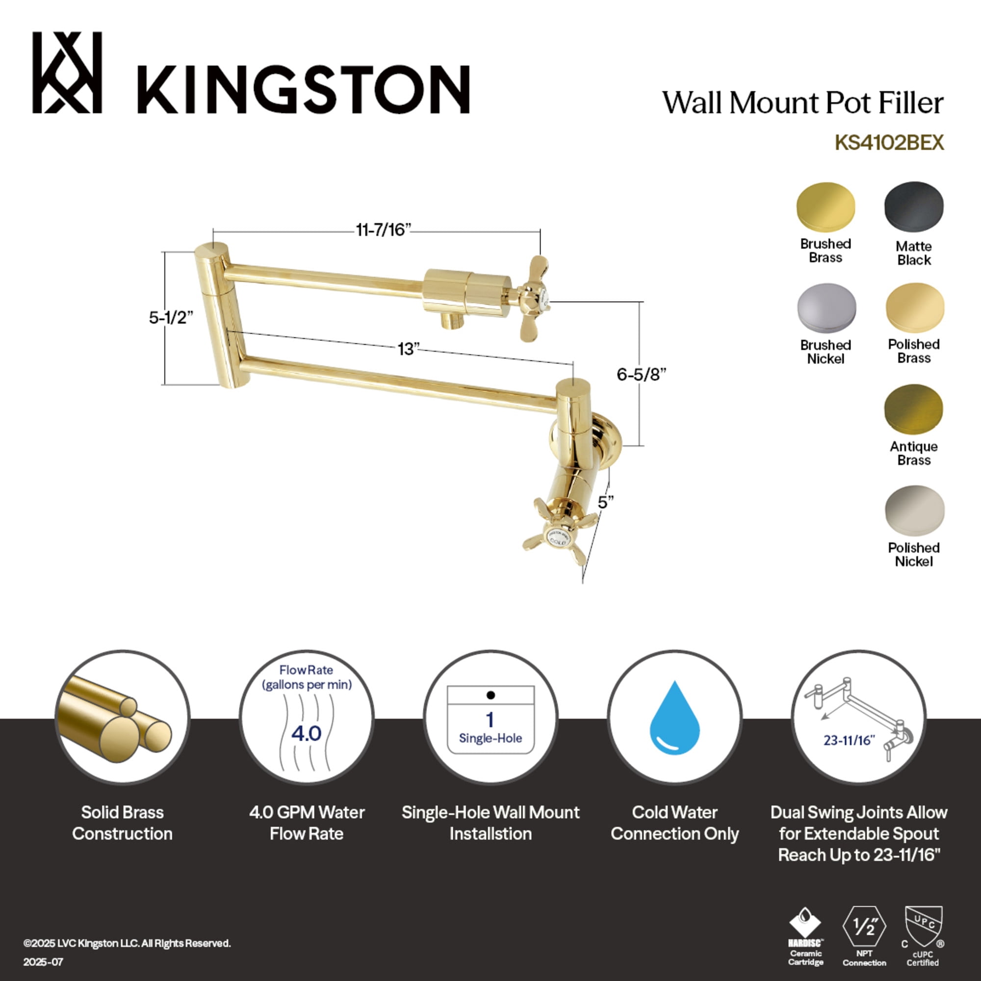 Kingston Brass KS4106BEX Essex Two-Handle 1-Hole Wall Mount Pot Filler Faucet in Polished Nickel