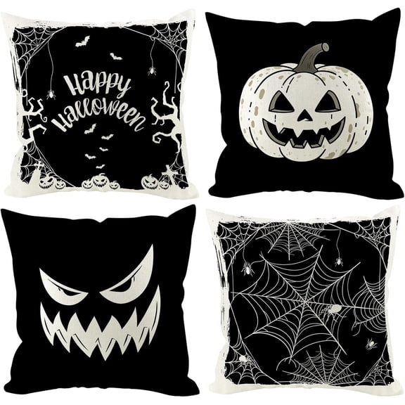 Halloween Pillow Covers 18x18 inch Set of 4, Linen Outdoor Pumpkin Spider Web Vintage Farmhouse Party Supplies Black and White Decorations for Sofa Couch
