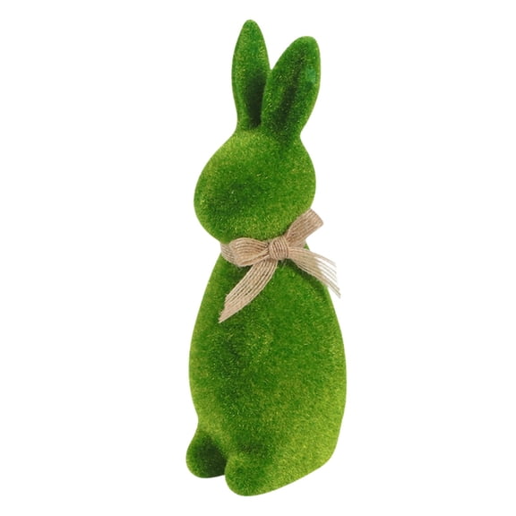Moss Bunny Figurine with Burlap Scarf - Artificial Flocking Rabbit Statue, Green Standing Easter Decoration for Spring Garden, Home, and Festival Decor