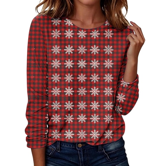Siyizhua Long Sleeve Shirts for Women, Crewneck Christmas Printed Womens Tops Soft Breathable Fabric, Lightweight, Fall Fashion, Loose Fit, Trendy Casual