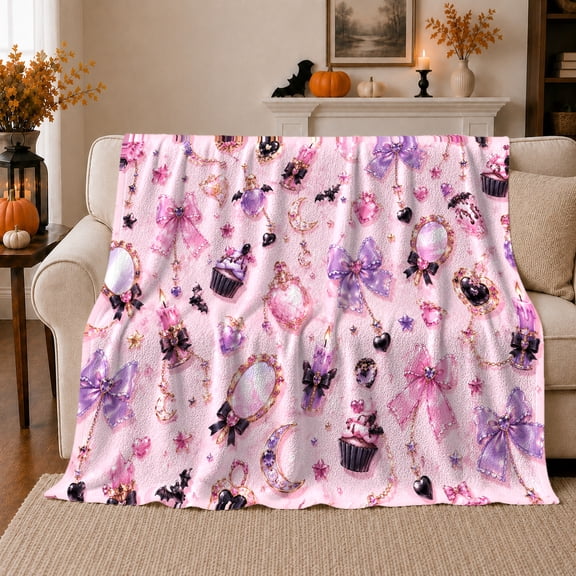 Gothic Kawaii Pumpkin Bat Pattern Festive Pink Halloween, Festive Halloween Scene, Warm Flannel Blanket for Living Room and Reading Nook, Art Lovers Halloween Gift, Festive Home Decor