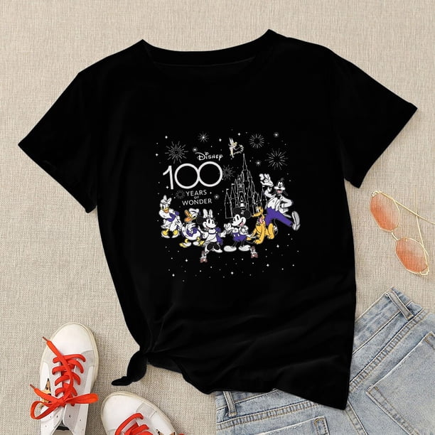 100 Years of Wonder Disney T-shirts Classic Mickey Mouse Print Black Tops Aesthetic Harajuku T Shirt Women Streetwear CasualS Gao Jinjia LED