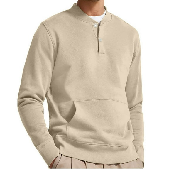 gbyLJF Men's Long Sleeve Hoodie Solid Color Round Neck Hoodless Tops Casual Loose V-neck Pullover Sweatshirt with Large Pocket