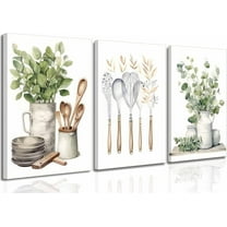 3 Pcs Sage Green Farmhouse Kitchen Canvas Wall Art Minimalist Dining Room Eucalyptus leaves plant Painting Pictures Wall Decor Poster Print Artwork For Dining Room kitchen Home Decoration