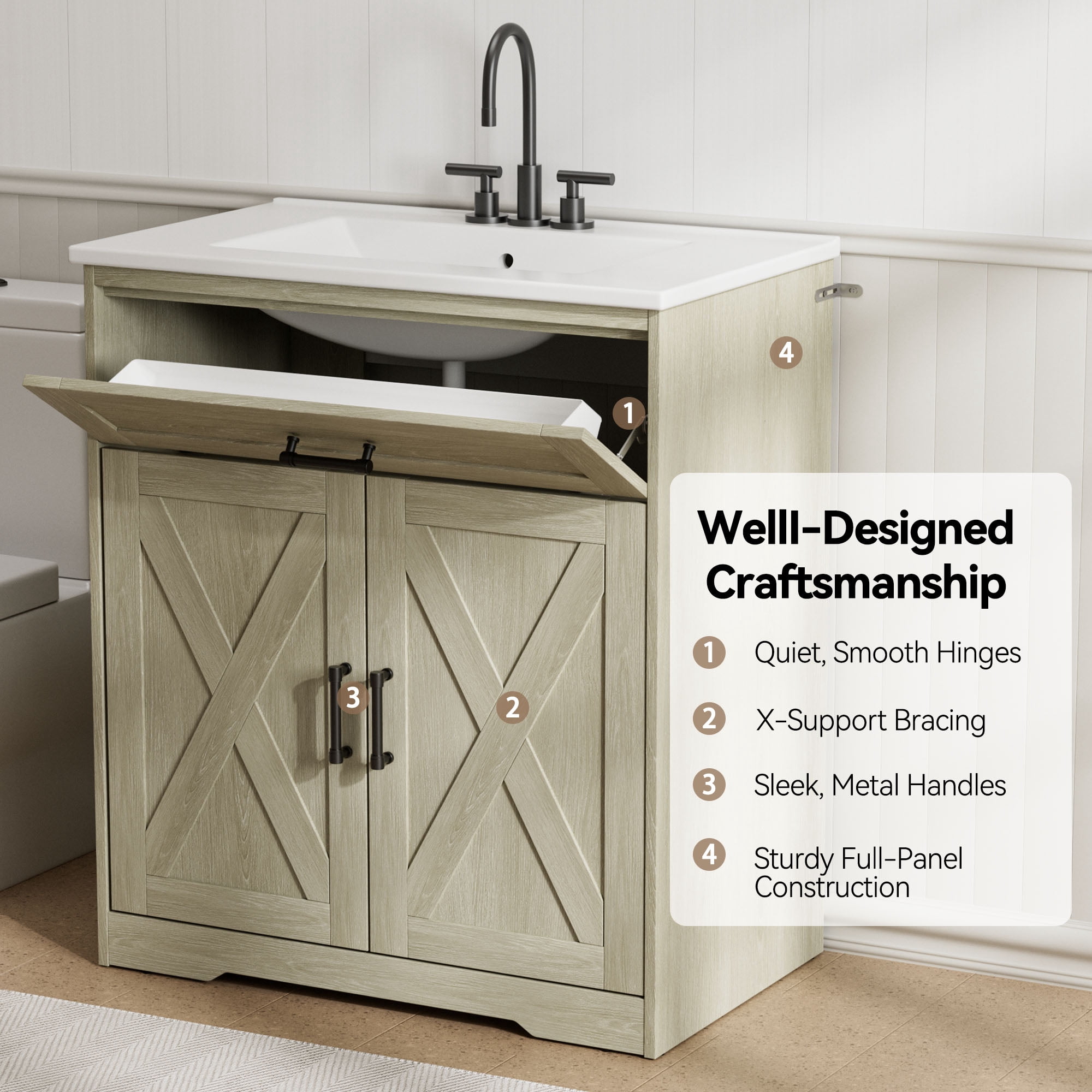 30 Inch Bathroom Vanity with Ceramic Sink, Freestanding Bathroom Sink Cabinet with Fluted Doors, 2 Doors and 1 Drawer, Adjustable Shelf, Farmhouse Bathroom Storage Combo, Grey