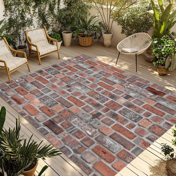 Red Brick Wall Outdoor Rug for Patio/Deck/Porch, Non-Slip Large Area Rug 4 x 6 Ft, Vintage Farmhouse Stone Rocks Geometric Print Indoor Outdoor Rugs Washable Area Rugs, Camping Rug Carpet Runner