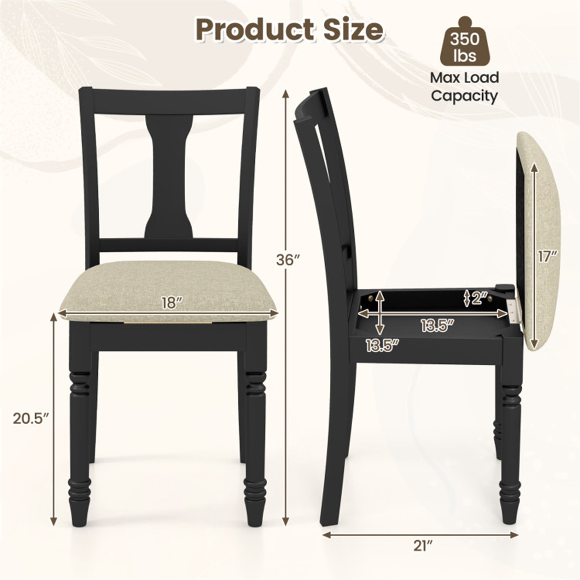 Demi Bonn Kitchen Dining Chair with Linen Fabric Padded and Storage Space, Black