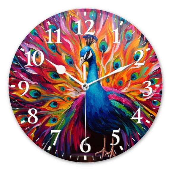 Round Wall Clock,Colorful Peacock With Feathers Spread Out,Silent Non-Ticking Wall Clock Decor for Home Office Kitchen Living Room Bedroom(10inch)