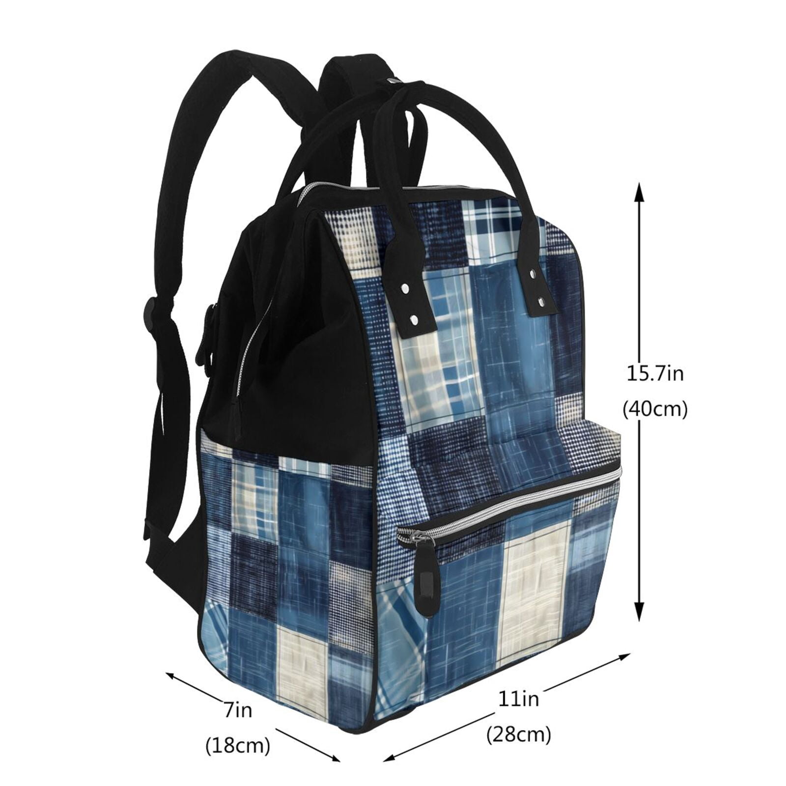 Ratiio Indigo Patchwork Quilt Mummy Backpack - Waterproof Twill Canvas, Large Capacity Diaper Bag with Multiple Pockets and Adjustable Straps
