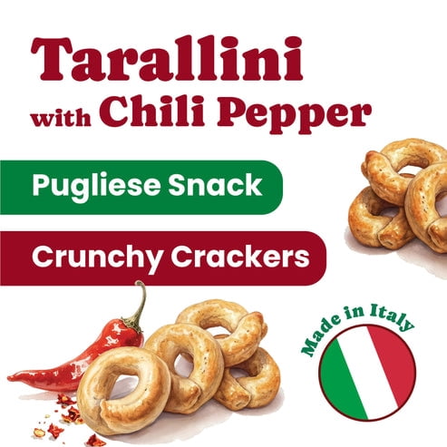 Tarallini with Chili Pepper, 2.2 lb (1 kg) – Traditional Italian Pugliese Snack. Oven-Baked Crunchy Crackers. No Sugar Added. Yeast-Free. Vegan (Pack of 6)