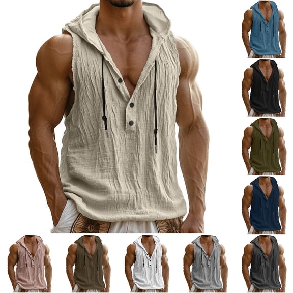 Guluxicc Cotton Tank Tops for Men Drawstring Hooded Solid Color Shirts Regular Fit Summer Outdoor Casual Sleeveless Tops