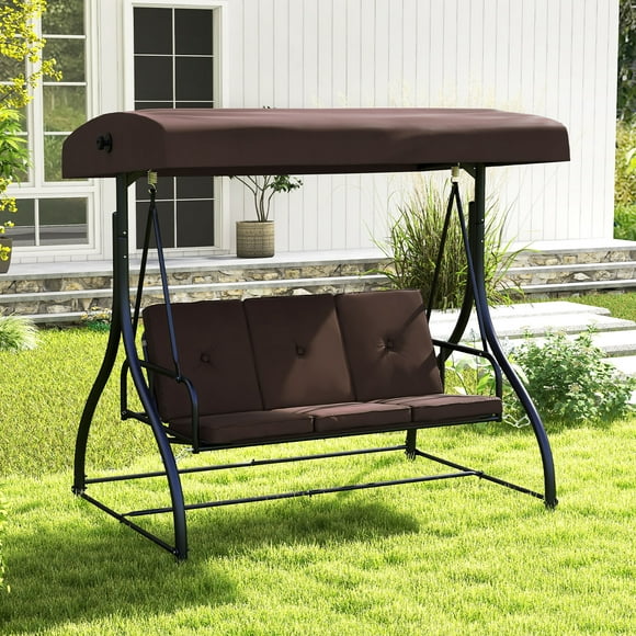 Gymax Converting Patio Swing Chair Porch Swing Bed w/Adjustable Canopy & Thickened Cushion Coffee