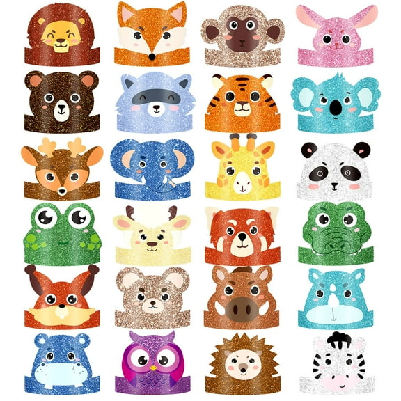 Animal Party Hats, 24-Pack Jungle Safari Themed Birthday Headbands for Boys & Girls