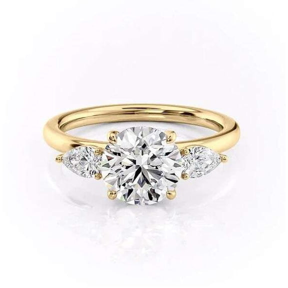 vylahjewellery Classic Round Cut Solitaire Moissanite Engagement Ring 14K Vermeil Yellow Gold with Pear Side Stone Promise Anniversary Bridal Jewelry Wedding Rings for Her