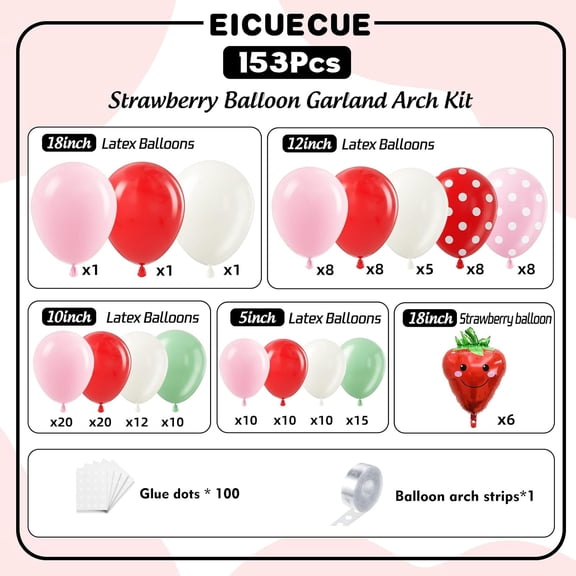 SHILIU-Strawberry Balloons Arch Kit - 153Pcs Different Size Red and Pink Green Balloons Garland Kit for Girls Sweet One Berry First Birthday Baby Shower Valentine's Day Strawberry Party Decorations