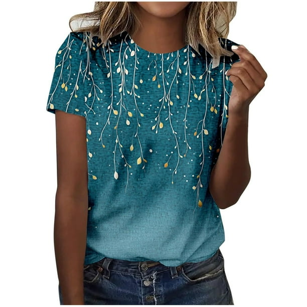 Camisetas de Manga Corta para Mujeres Moda Impresa Cuello Redondo Camiseta, Lentejuelas Detalle para Primavera Verano Casual Y Fiesta