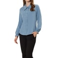 thumbnail image 5 of MODA NOVA Juniors Sweet Ruffle Peter Pan Collar Button up Work Shirts Grey Blue S, 5 of 7