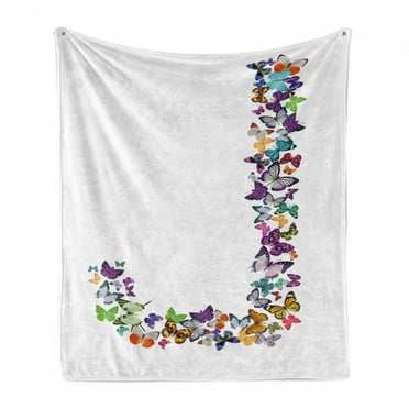 Letter J Soft Flannel Fleece Throw Blanket, Alphabet and Nature Tropical Biological Monarch Butterfly of Wings Typeset ABC, Cozy Plush for Indoor and Outdoor Use, 50" x 60", Multicolor, by Ambesonne