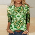 thumbnail image 1 of Xuyuer St. Patrick's Day 3/4 Sleeve Blouse - Ladies' 3/4 Sleeve Printed Round Neck Top for Irish Dance Festivals, Celtic-Themed Celebrations, Folk Style Festival Wear & Clover Embellished Apparel, 1 of 5