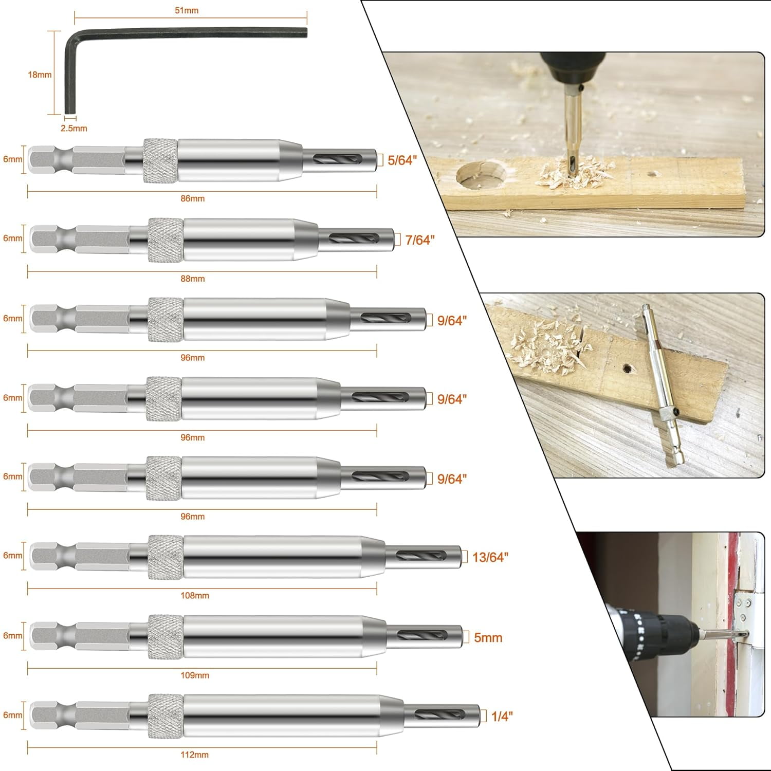 ABCISI 17pcs VIX Bits Self Centering Drill Bit Set, 1/4" Hex Shank Self Centering Hinge Tapper Core Drill Bit Set for Woodworking Window Door Hinge with 1 Hex Key & 8 Drill Bits 5/64"-1/4"