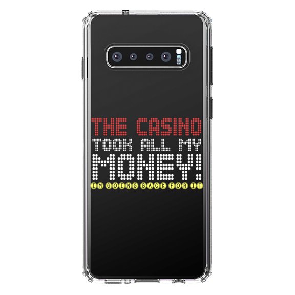 DistinctInk Clear Shockproof Hybrid Case for Samsung Galaxy S10  PLUS (6.4" Screen) - TPU Bumper Acrylic Back Tempered Glass Screen Protector - The Casino Took All My Money