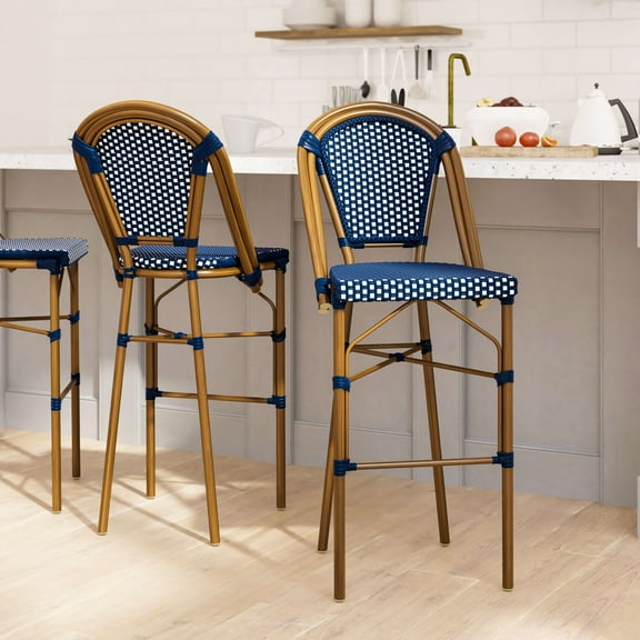 Emma Oliver Set of Two 30" High Stacking Bistro Bar Stools with Navy and White PE Seat and Back and Bamboo Finished Metal Frame for Indoor/Outdoor Use