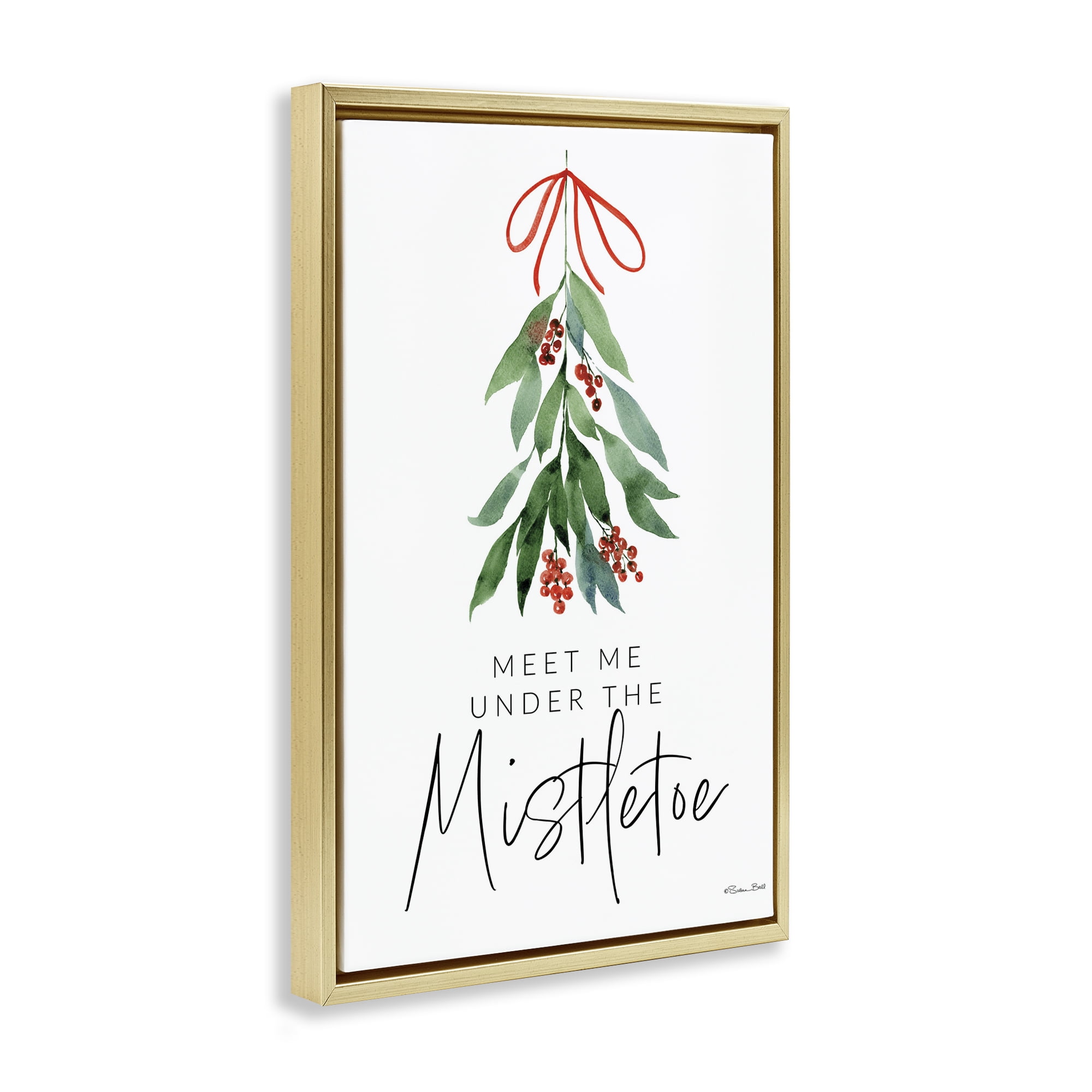 Stupell Industries Meet Me Under Mistletoe Holiday Painting Gold Floater Framed Art Print Wall Art, 21 x 31