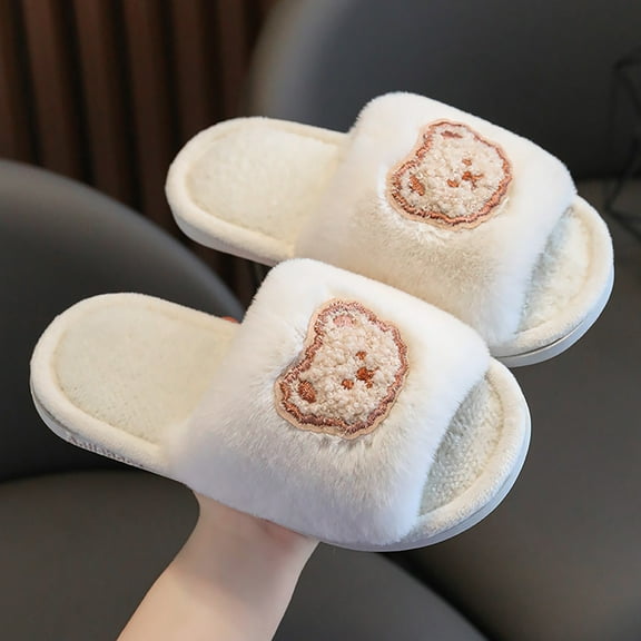 Boys Girls Fuzzy Soft Winter Slippers Cute Comfy On Plush Open Toe Home Slides for Kids Indoor Outdoor Warm Shoes