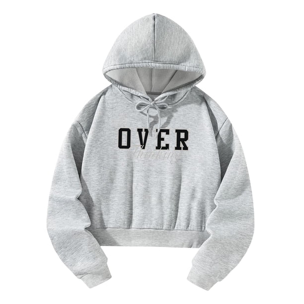 Sudadera recortada de manga larga para mujer, sudaderas con capucha, ropa de calle, ropa deportiva básica, jersey con capucha con cordón Simple para L