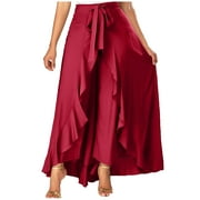 Charella Women's Casual Irregular Leaf Bow High Waist Long Culottes Skirt Red,XL