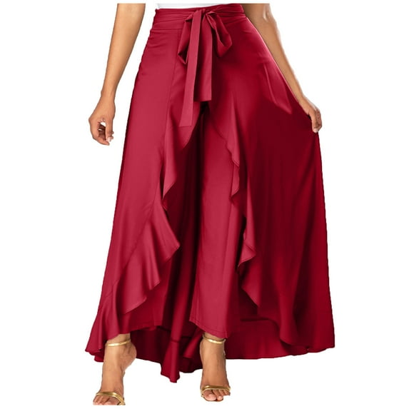 Summer Hot Saving! ITSUN Women's Casual Hakama Irregular Leaf Bow High Waist Long Culottes Leisure Skirt Red 3XL