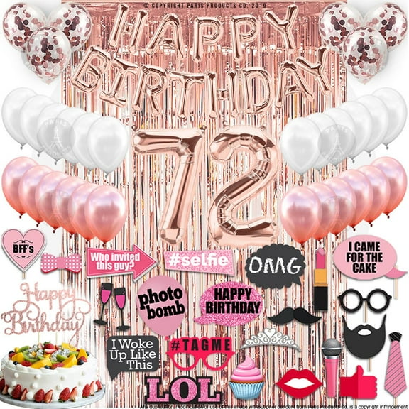 72nd Birthday Decoration Rose Gold, 72 Party Supplies Decoration, 72nd Sash, 72 Cake Topper, 72nd Photo Props, confetti Balloons, Curtain