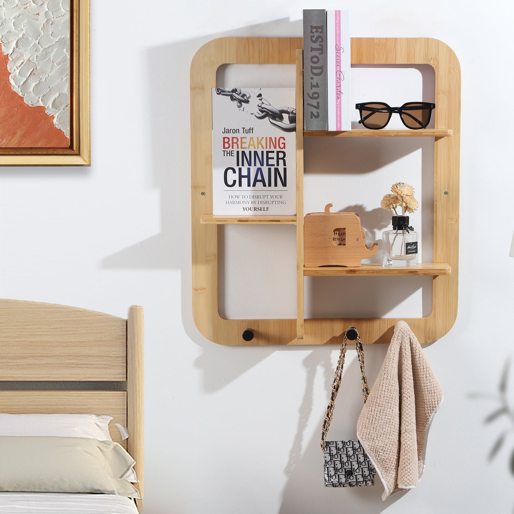 Proman Products Fiji Wall Mounted Bamboo Floating Shelves, Book Shelves, Storage shelves Organizer with Hooks Clothes Hat Bag for Living Room, Bathroom, EntryWay (Natural)