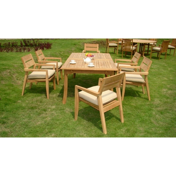 Teak Dining Set:6 Seater 7 Pc -118" Rectangle Table And 6 Stacking Vellore Arm Chairs Outdoor Patio Grade-A Teak Wood WholesaleTeak #WMDSVLb