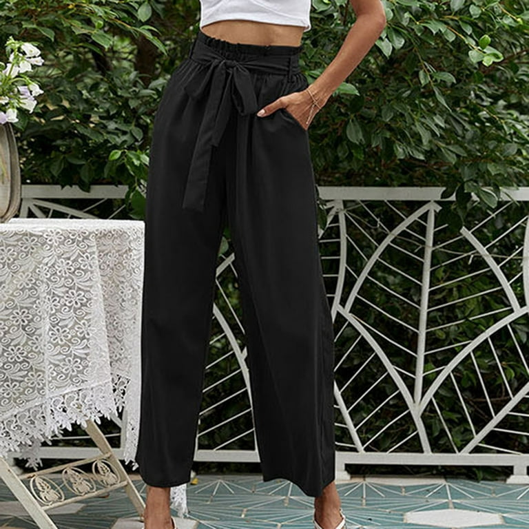 Fashion Women Corporate Office Wear Straight High Waist Belted Pant Trousers  - Black