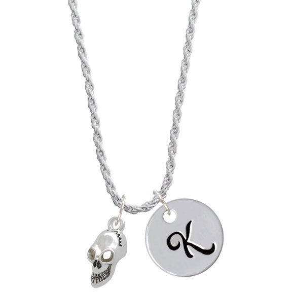 Delight Jewelry Silvertone Medium Skull Silvertone Script Initial Disc - K - Charm Necklace, 20"+3"