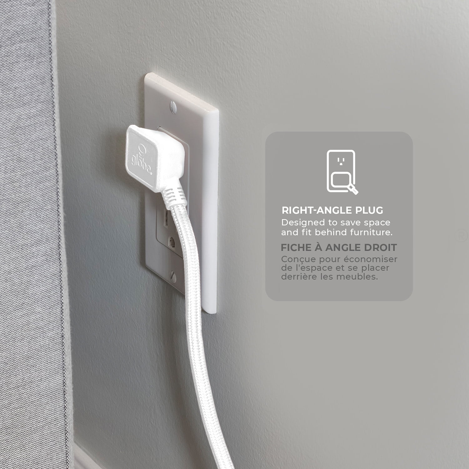 Rallonge électrique en tissu blanc de 3,7 m (12 pi) et de calibre 16/3 à 3 prises avec fiche coudée et crochet intégré de Globe Electric