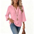 thumbnail image 4 of Hurxie 3/4 Length Sleeve Womens Tops Cotton Linen Shirts V Neck Loose Fit Casual Blouses Early Fall Fashion Clothes Pink,XL, 4 of 7