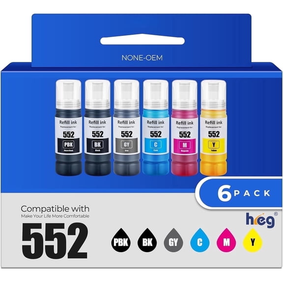 552 Ink Bottles Ecotank 6 Pack ET-8550 ET-8500 Replacement for 552 Ink Refill Bottle Work Ecotank Photo ET8550 ET8500 Printer (BK PB C M Y GY)