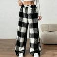 thumbnail image 2 of Fuzzy Plush Pants for Women Fleece Plaid Wide-Leg Trousers with Drawstring Casual High Waisted Bottoms Warm Comfy Loungewear Sherpa Pajama Pant Fall Winter Outfits, 2 of 7