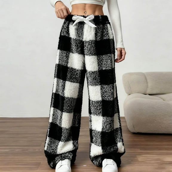 Womens Fuzzy Fleece Pants Plaid Loungewear Casual Drawstring Elastic Waist Thicken Warm Pajamas Pants Black 4XL