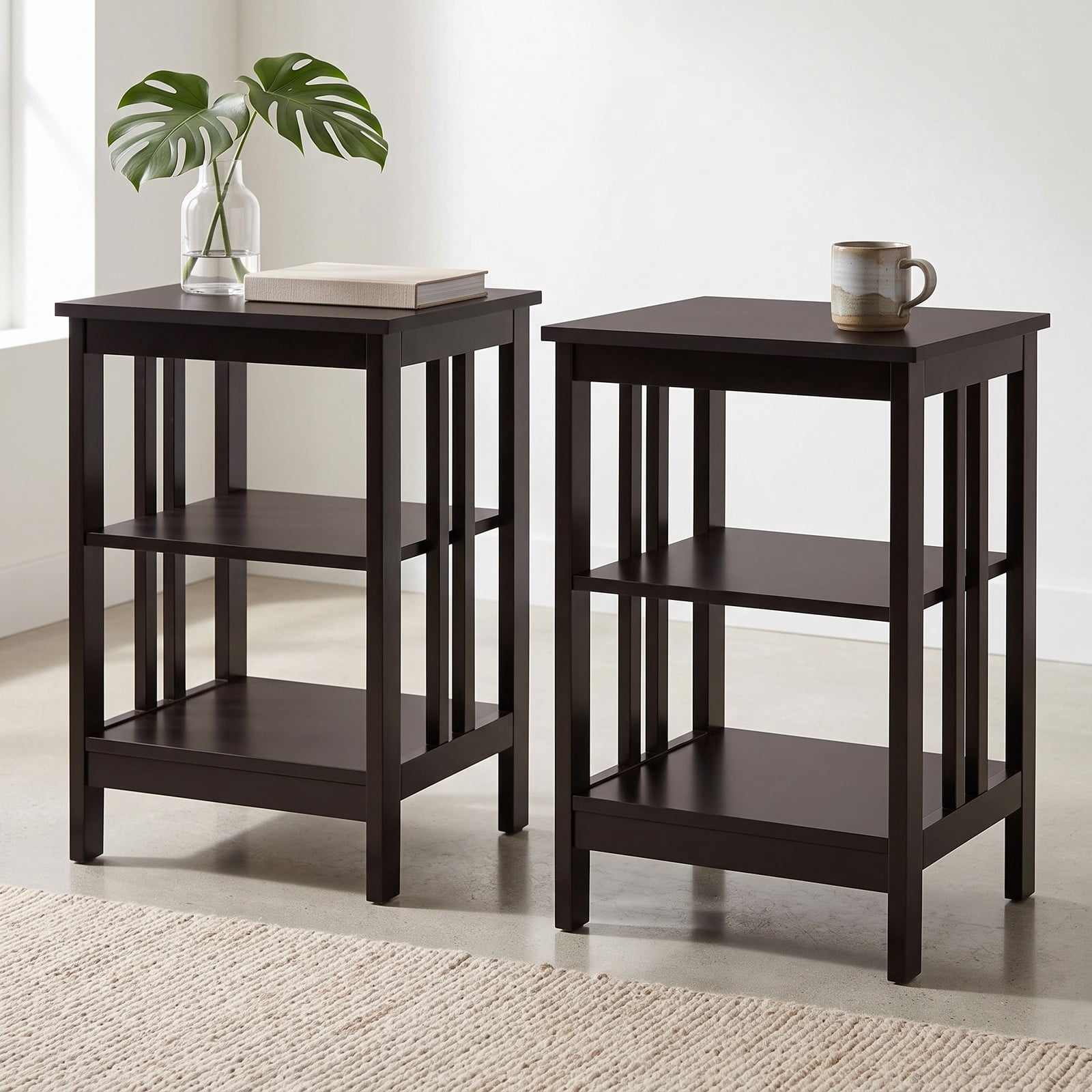 Furnibear 2 Pieces 3-Tier Nightstand, MDF Bedside End Side Table with Reinforced Bars, Open Shelf Storage Night Stand for Bedroom Living Room Entryway, Dark Brown