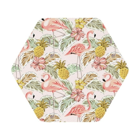 

Coaee Tropical Pink Flamingo Pineapple Print Leather Coasters Set of 6 Non-Slip Washable Cup Coasters for Home Office Bar Hexagon