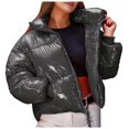 thumbnail image 5 of VNKIDY Women's Coat Autumn Winter Solid Color Shiny Puffer Crop Jacket Long Sleeve Zipper Sleek Style Coat For Casual Daily Streetwear Activities Trendy Outerwear, 5 of 8