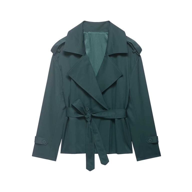 Women Short Trench Coat Lapel Collar Belt Waist Button Lightweight